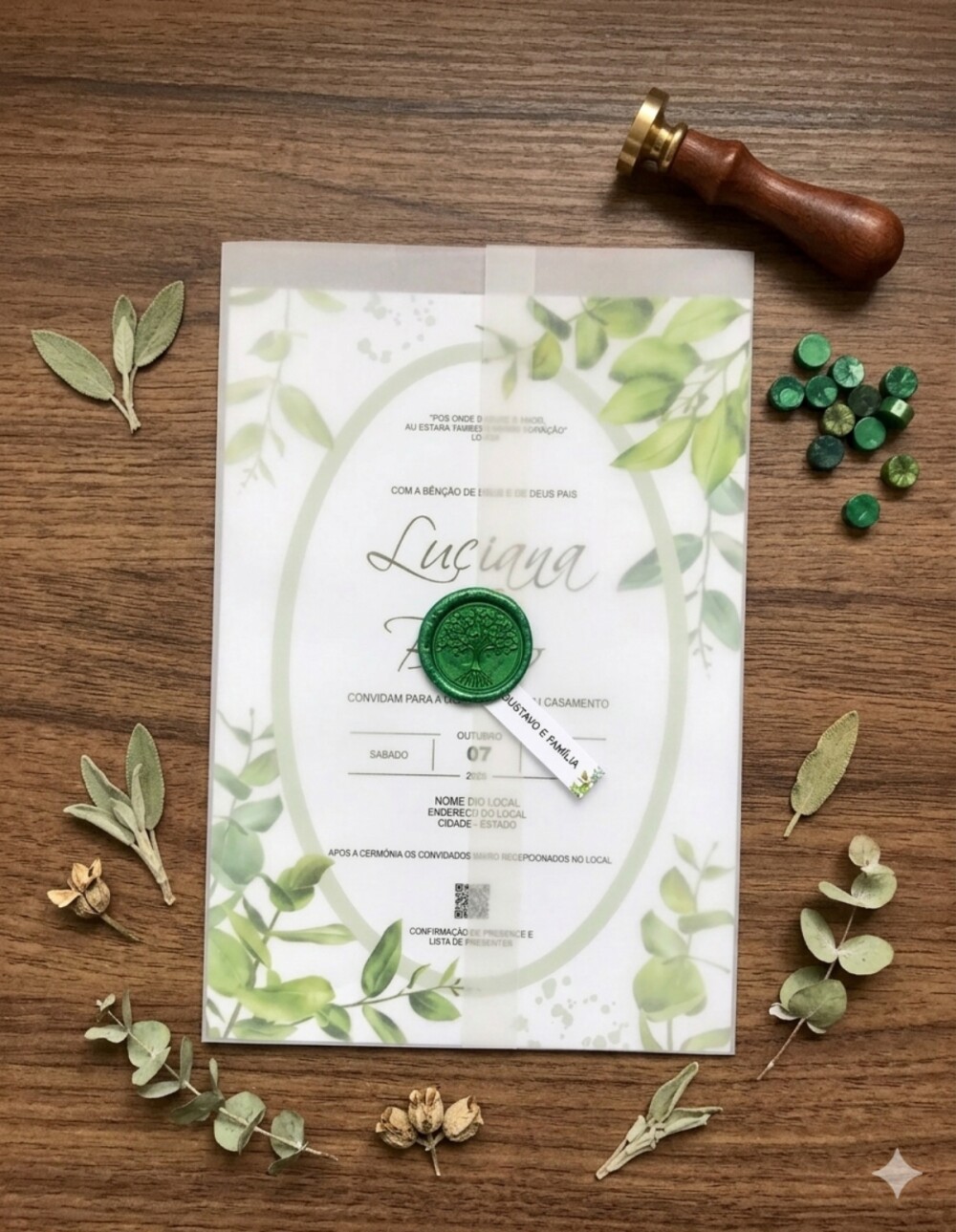 Convite de Casamento Botânico Verde-Oliva Eucalipto |Convites La