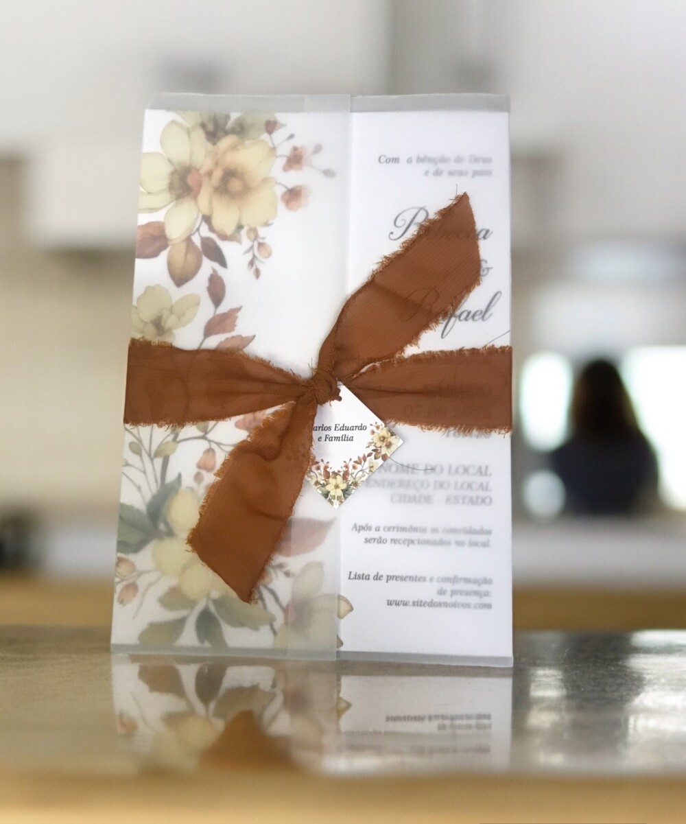 Convite de Casamento Floral Terracota e Fita Artesanal | [Laços