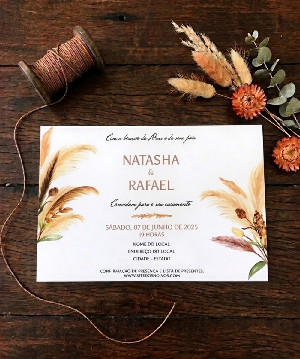 Convite de Casamento Boho Chic Capim dos Pampas com Envelope Vege