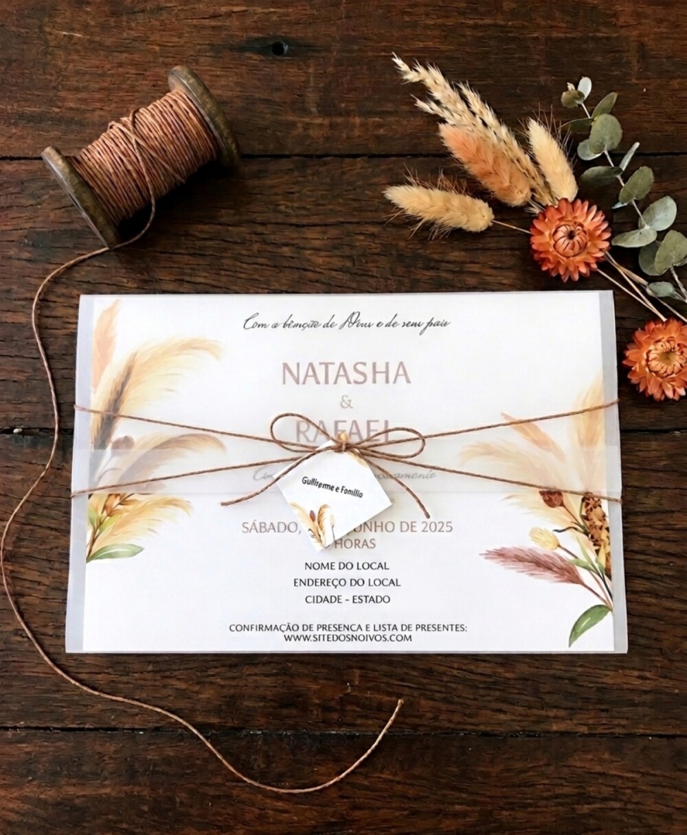 Convite de Casamento Boho Chic Capim dos Pampas com Envelope Vege