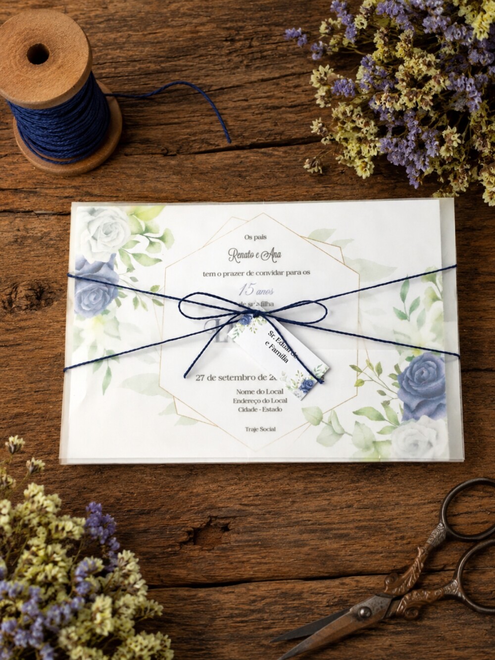 Convite de 15 Anos Azul Serenity Floral com Envelope Papel Vegeta