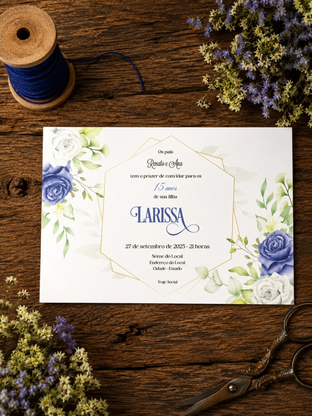 Convite de 15 Anos Azul Serenity Floral com Envelope Papel Vegeta