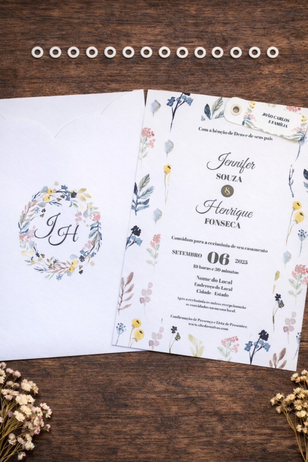 Convite de Casamento Flores do Campo com Envelope Luva e Tag Pers