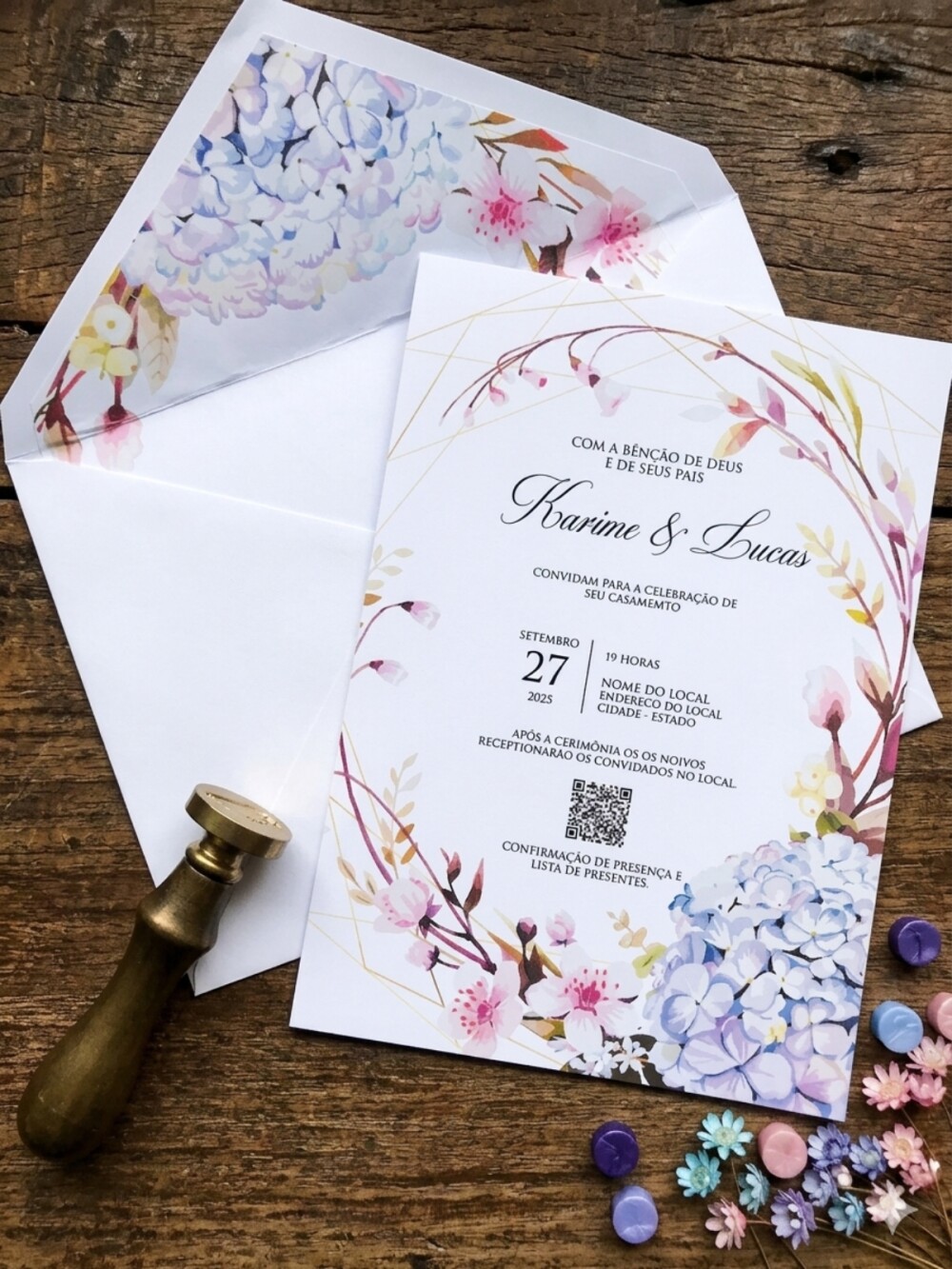 Convite de Casamento Floral Hortênsia com Envelope Forrado, Lacr
