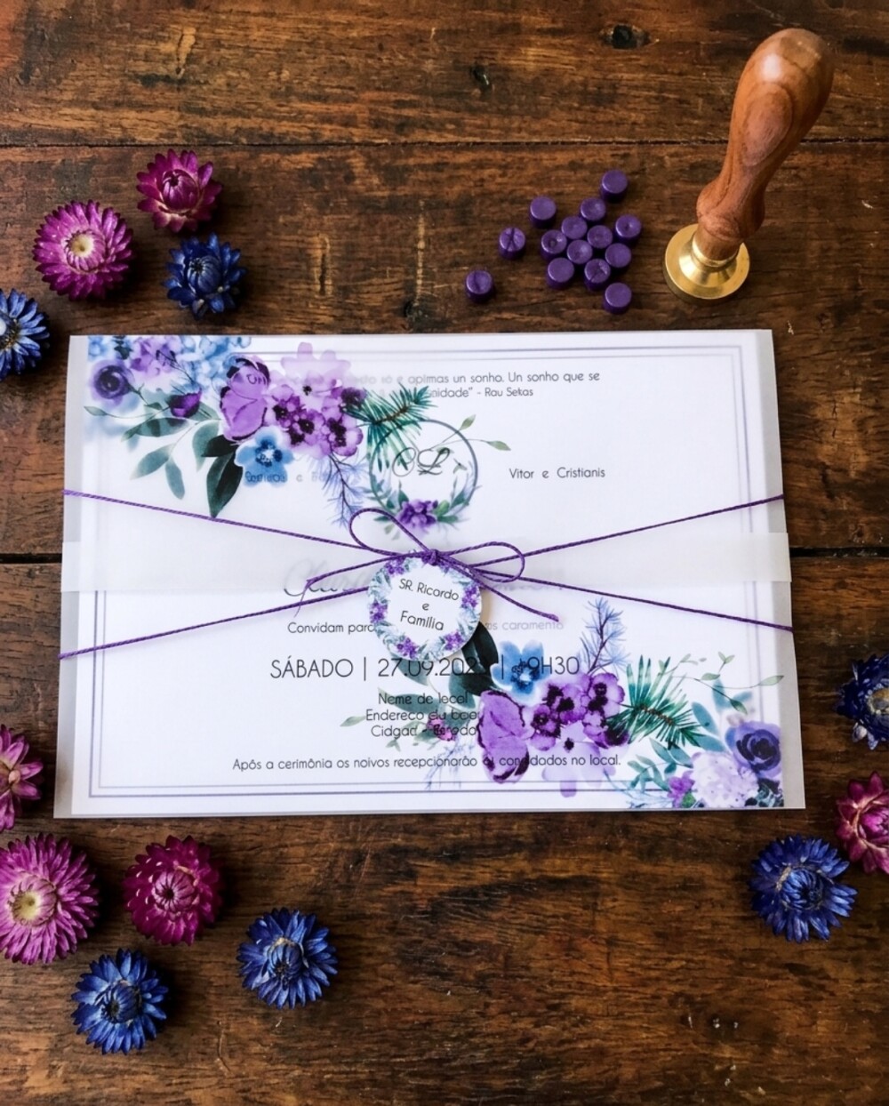 Convite de Casamento Papel Vegetal Floral Lilás e Roxo