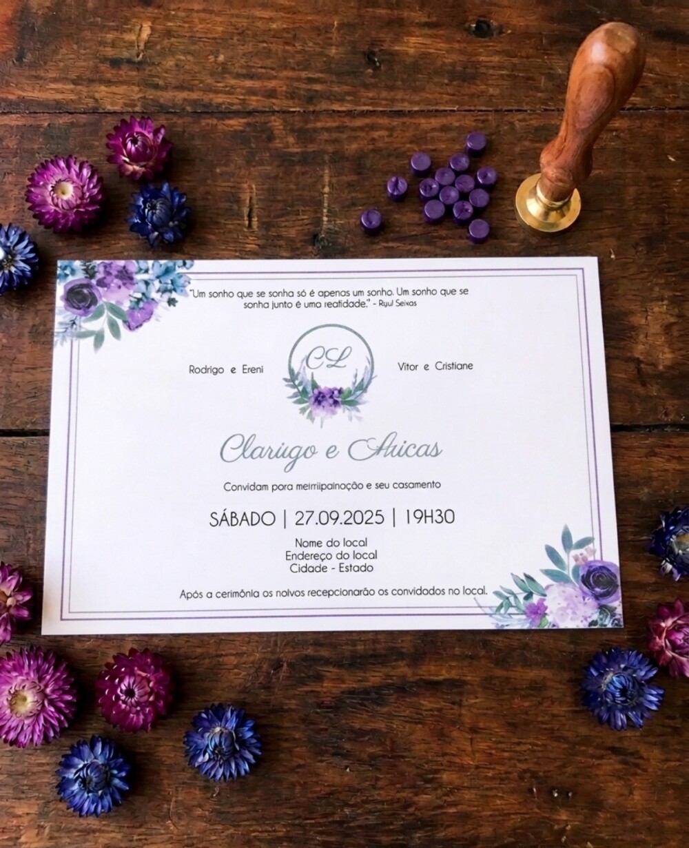 Convite de Casamento Papel Vegetal Floral Lilás e Roxo