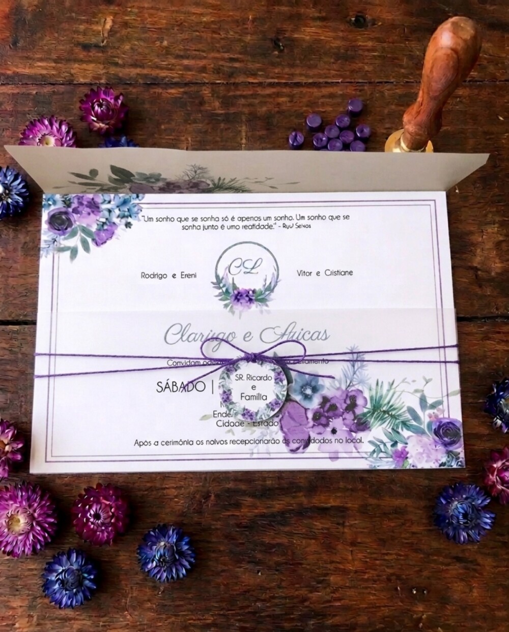 Convite de Casamento Papel Vegetal Floral Lilás e Roxo