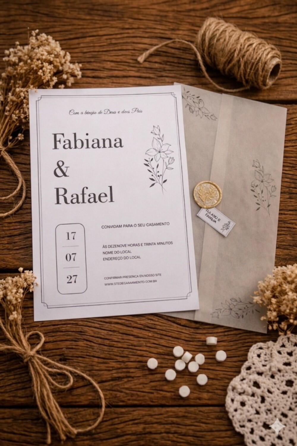 Convite de Casamento Preto e Branco Line Art Floral com Lacre de 