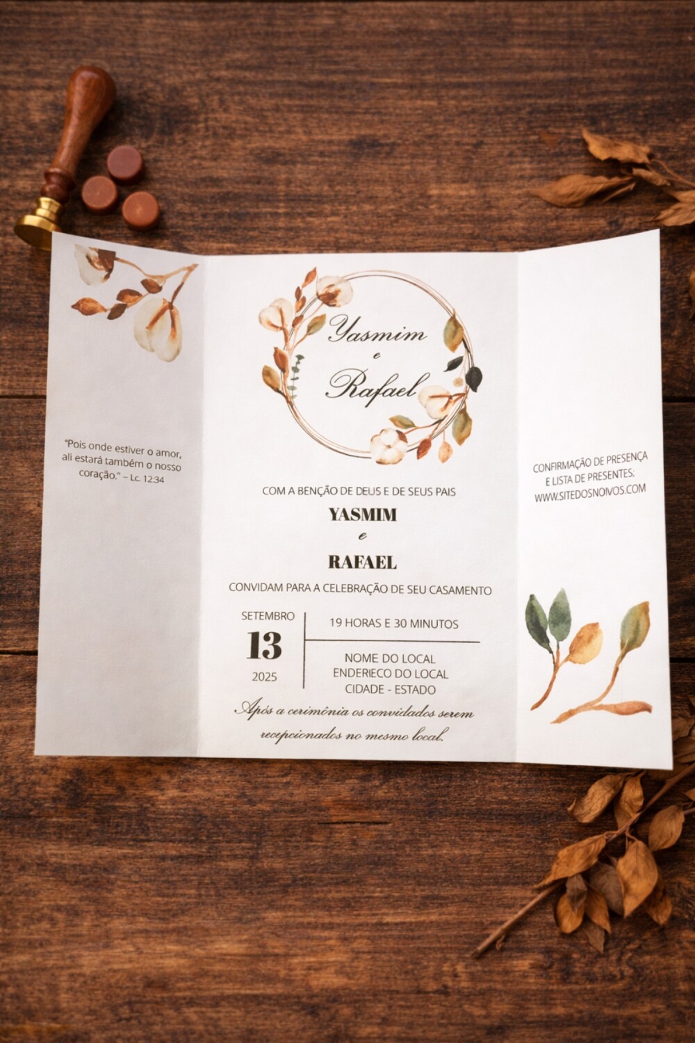 Convite de Casamento Rústico Terracota com Flor de Algodão | De