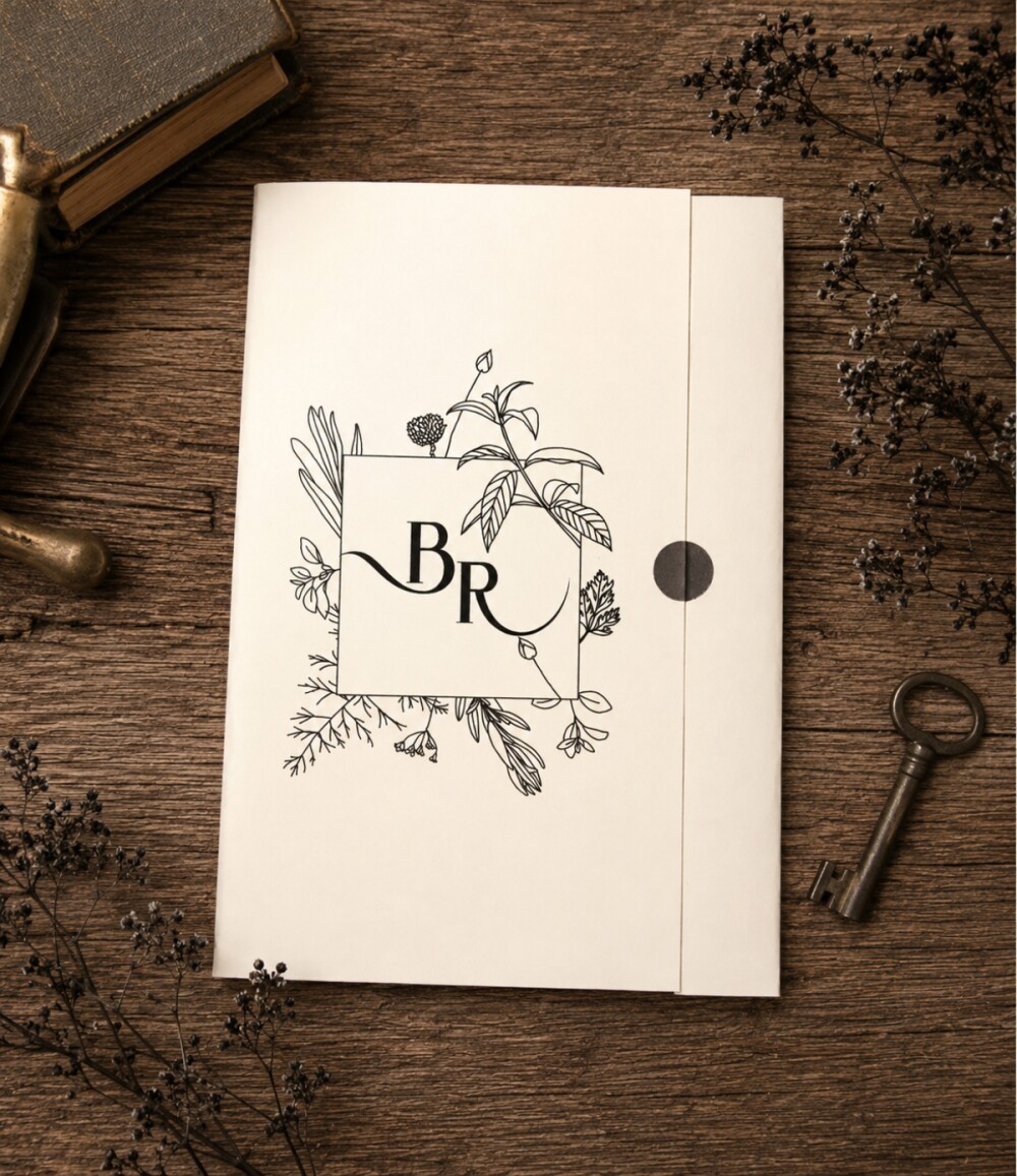 Convite de Casamento Minimalista com Duas Dobras e Ilustração B
