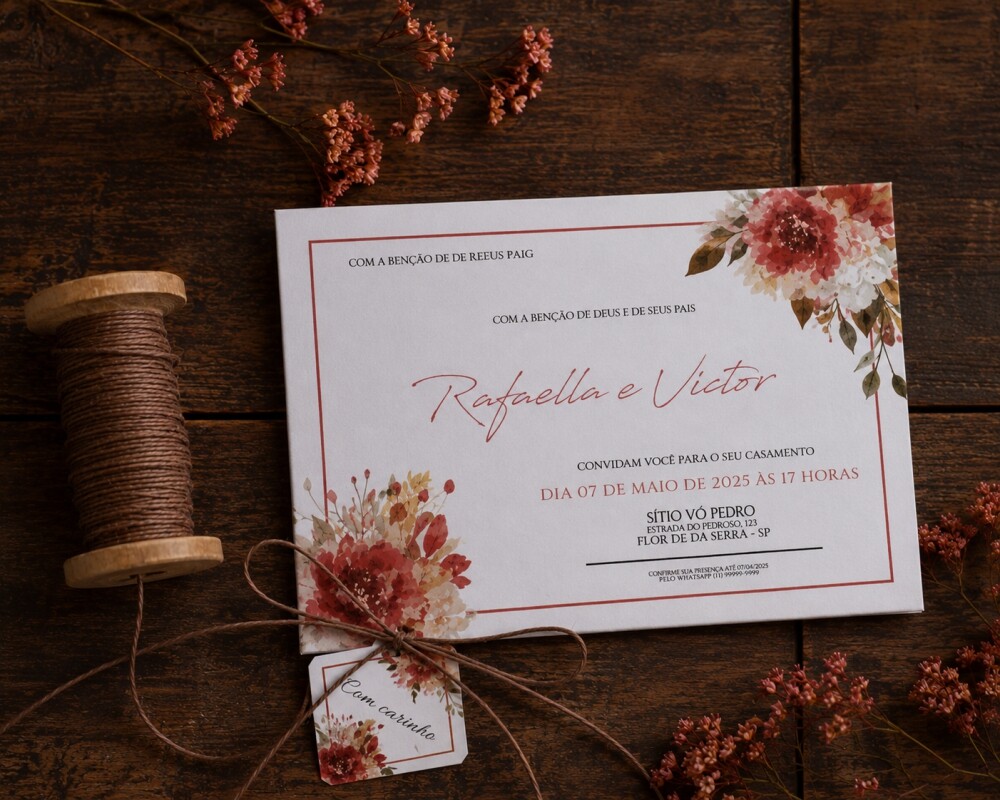 Convite de Casamento Floral Terracota Papel Vegetal
