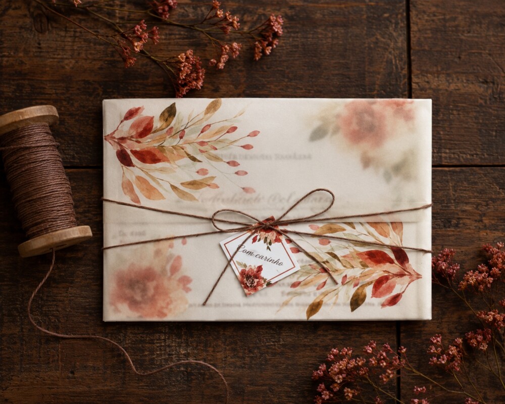 Convite de Casamento Floral Terracota Papel Vegetal