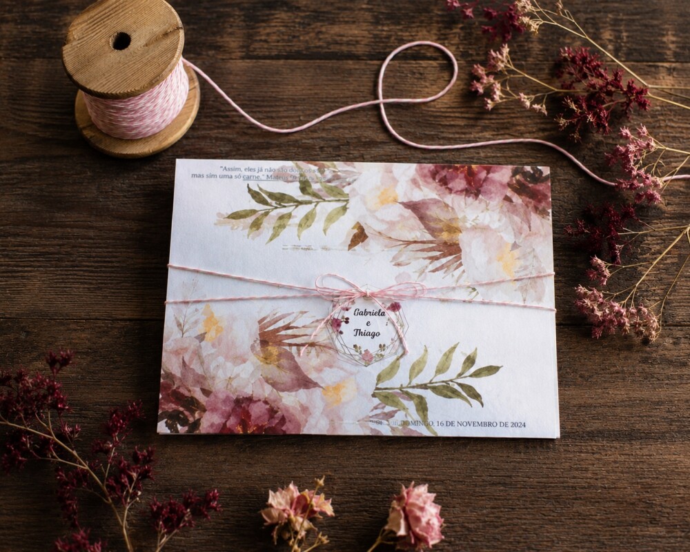 Convite Casamento Floral Marsala Rosé Papel Vegetal