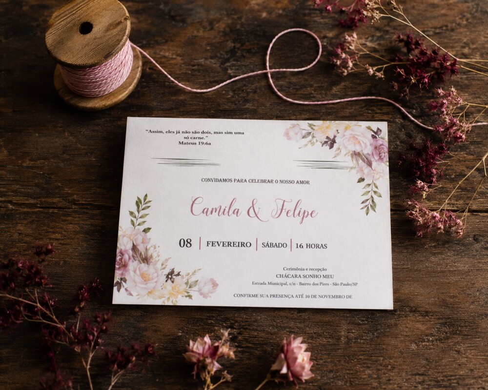 Convite Casamento Floral Marsala Rosé Papel Vegetal