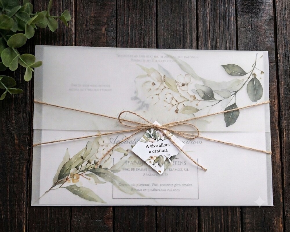 Convite de Casamento Papel Vegetal Verde e Dourado com Folhagens
