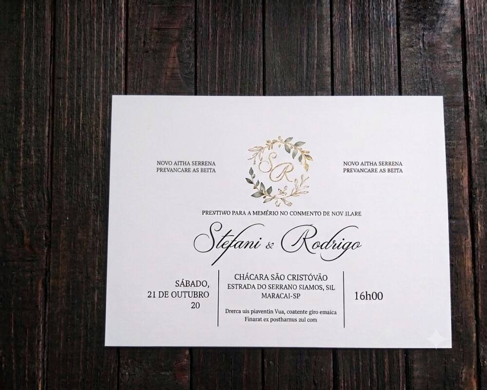 Convite de Casamento Papel Vegetal Verde e Dourado com Folhagens