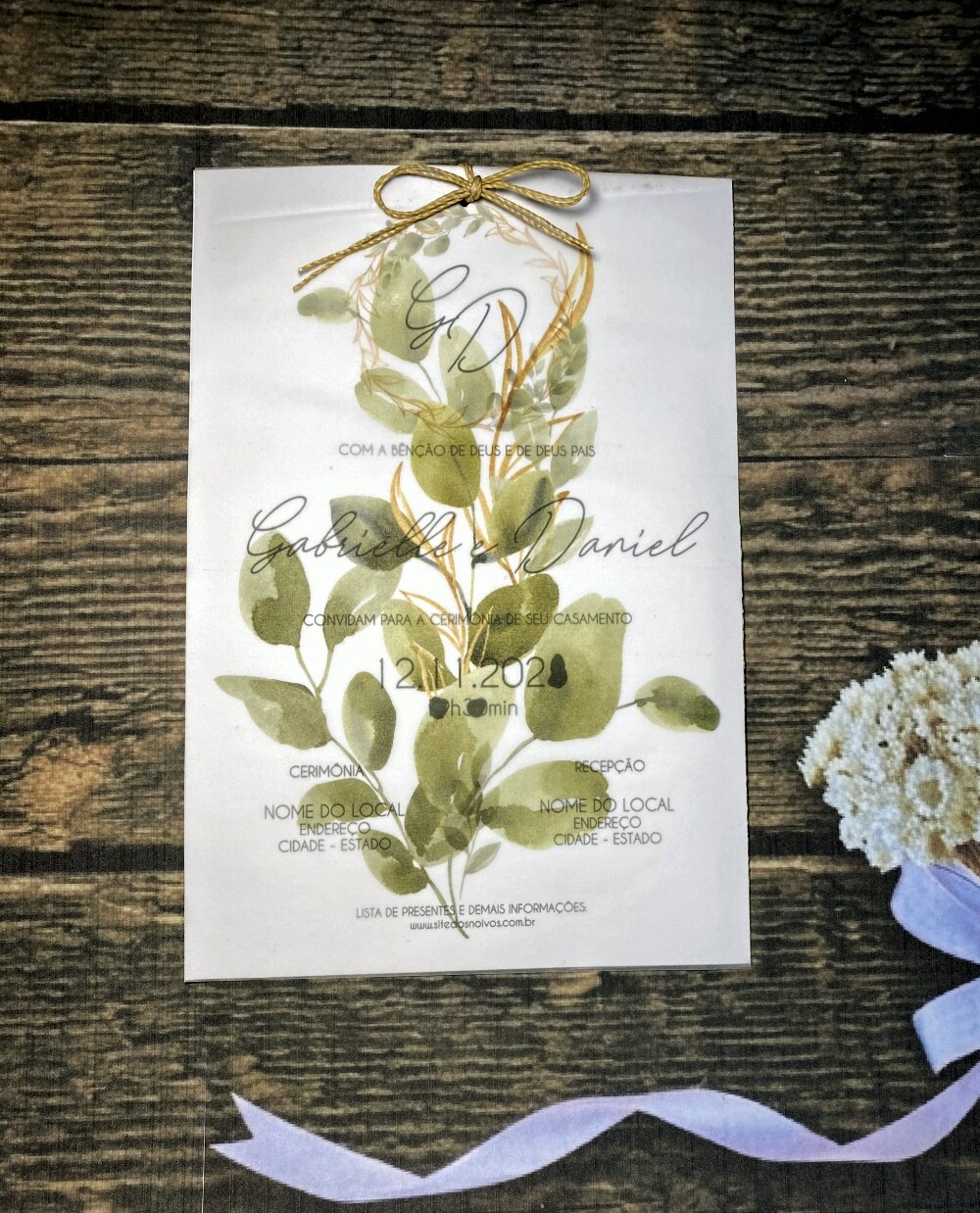 Convite de Casamento Papel Vegetal Verde e Dourado com Folhas