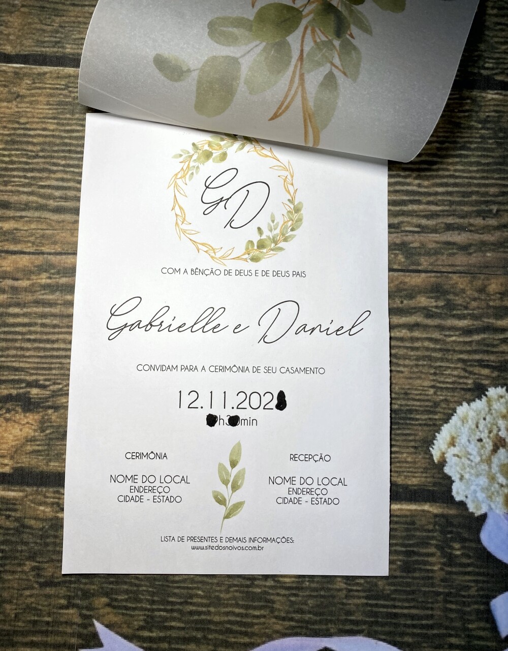 Convite de Casamento Papel Vegetal Verde e Dourado com Folhas