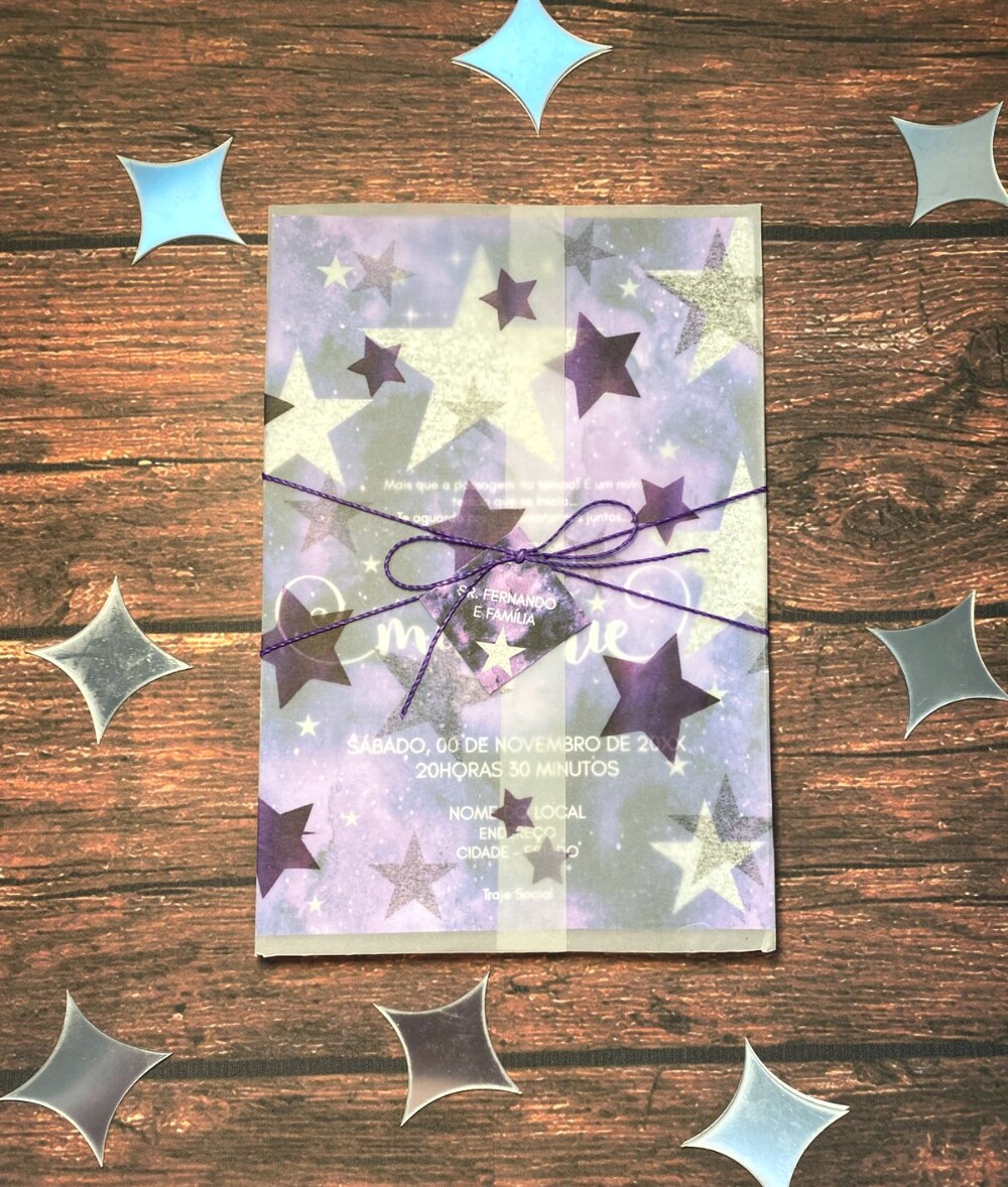 Convite de Debutante 15 Anos Tema Galáxia Roxo e Prata em Papel