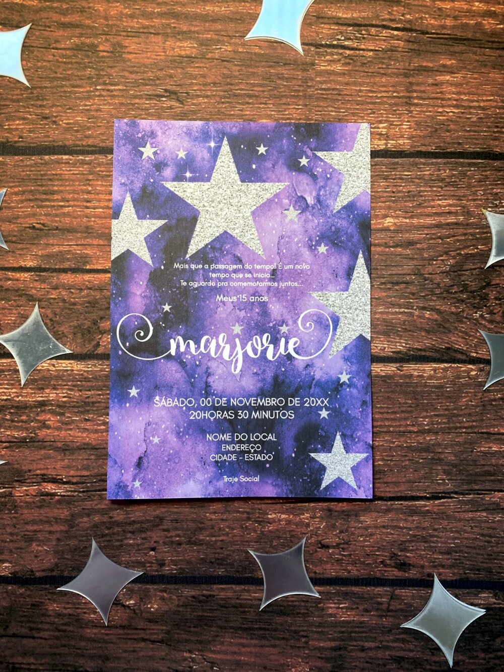 Convite de Debutante 15 Anos Tema Galáxia Roxo e Prata em Papel