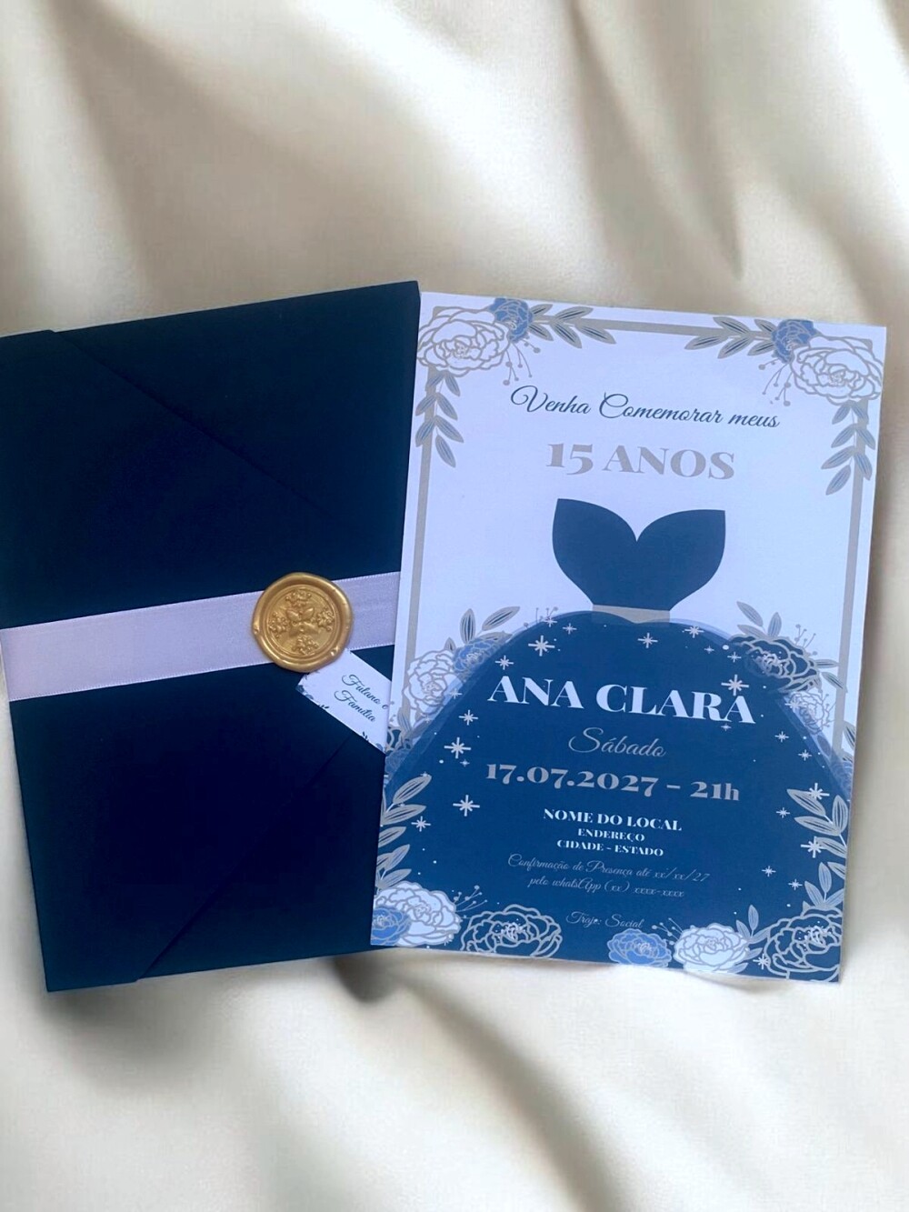 Convite 15 Anos Vestido Debutante Azul Marinho com Lacre de Cera