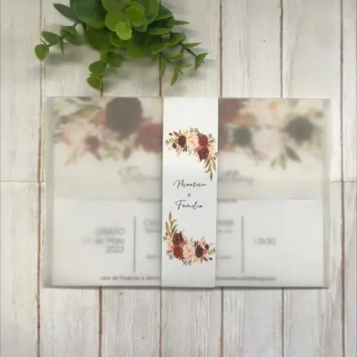 Convite de Casamento Papel Vegetal Floral Marsala