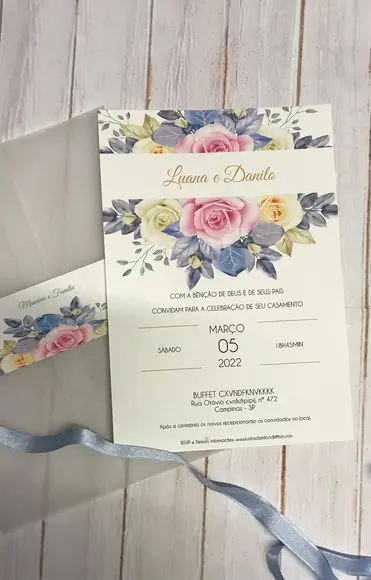 Convite de Casamento Papel Vegetal Floral Colorido