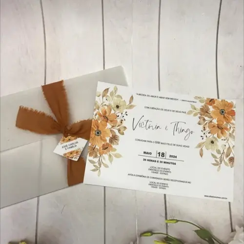 Convite de Casamento Papel Vegetal Terracota com Fita Artesanal