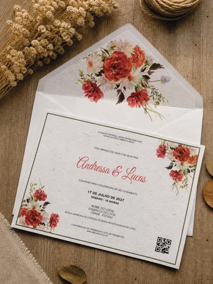 Convite de Casamento Papel Vegetal com Envelope Forrado Floral Terracota