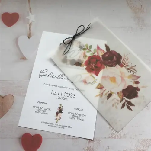 Convite de Casamento Papel Vegetal Marsala Cód. 2258