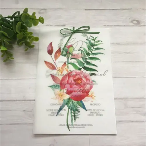Convite de Casamento com Papel Vegetal e Floral Rosa Pink
