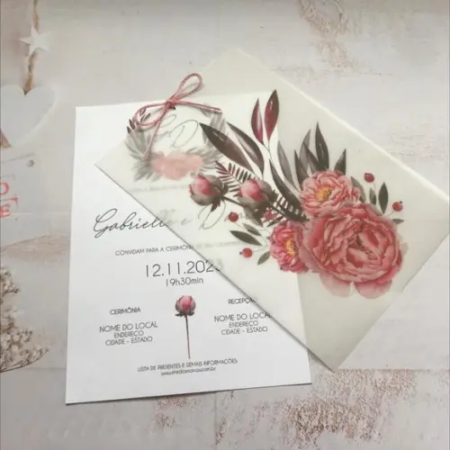 Convite de Casamento com Papel Vegetal e Floral Rosa