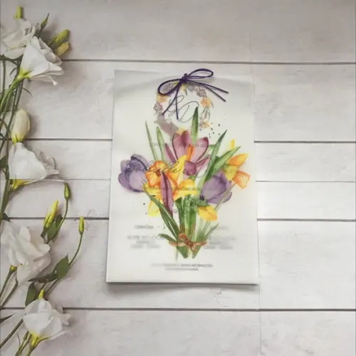Convite Casamento Papel Vegetal Floral Lilás e Amarelo