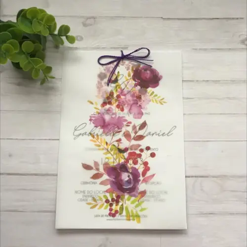 Convite Casamento Papel Vegetal Floral Roxo e Lilás