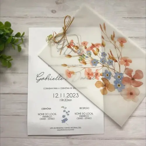 Convite Casamento Papel Vegetal Floral Azul e terracota