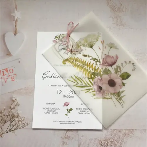 Convite de Casamento Papel Vegetal Floral Lilás
