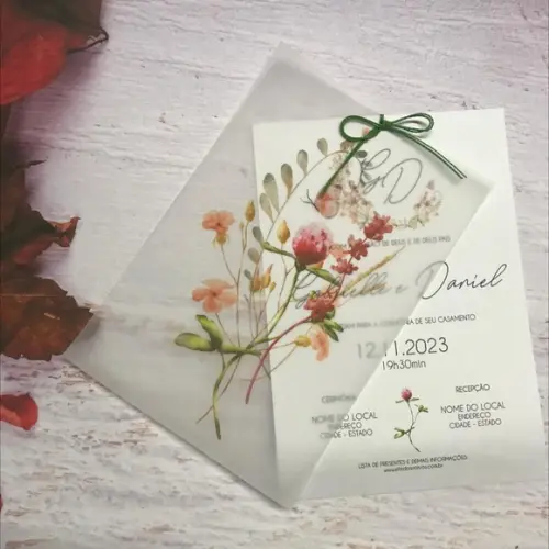 Convite de Casamento Papel Vegetal Floral Marsala
