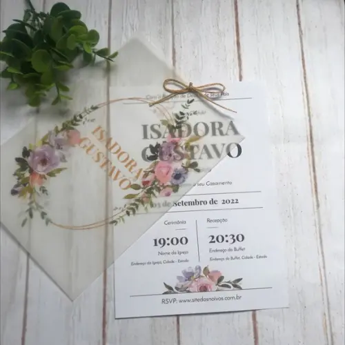 Convite de Casamento Papel Vegetal Floral Rosa e Lavanda