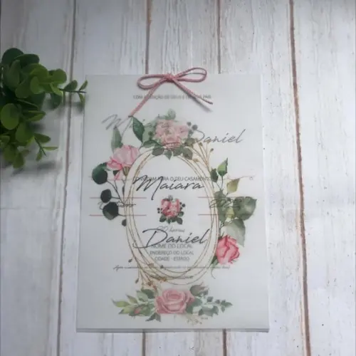 Convite de Casamento Papel Vegetal Floral Rosé com Detalhes Dourados