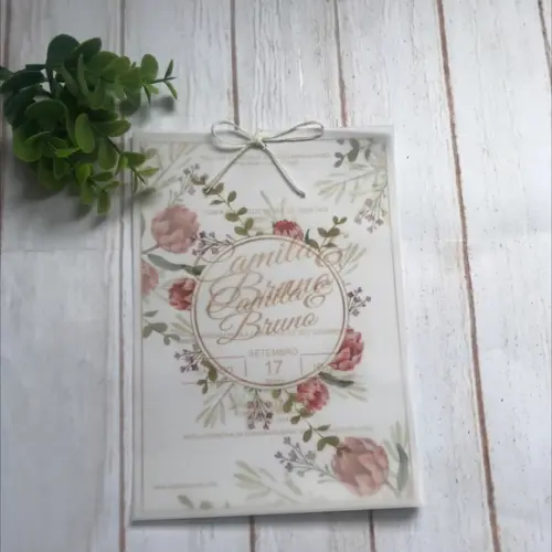 Convite de Casamento Papel Vegetal Floral Rosé e Dourado