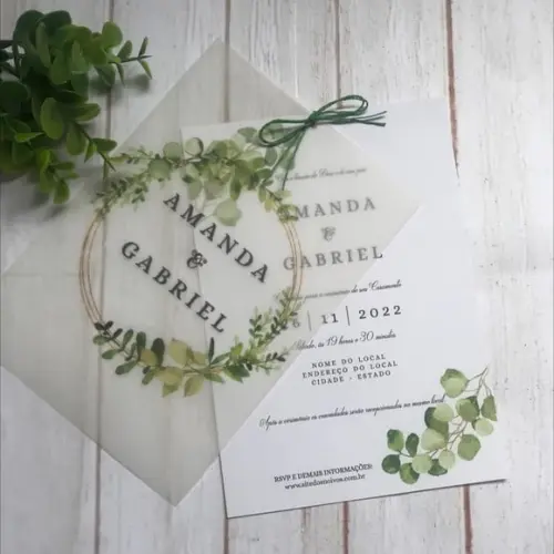Convite de Casamento Papel Vegetal com Eucalipto e Dourado