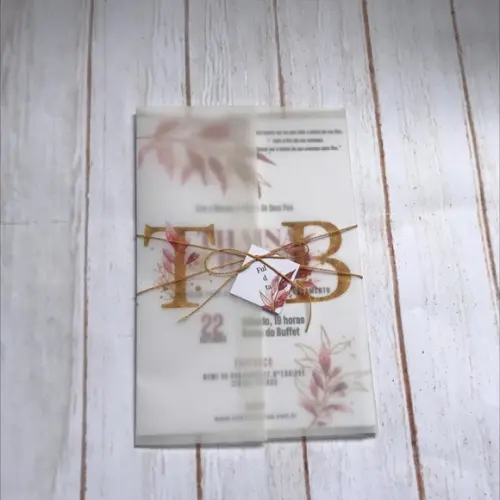 Convite de Casamento Papel Vegetal Folhas Marsala e Dourado