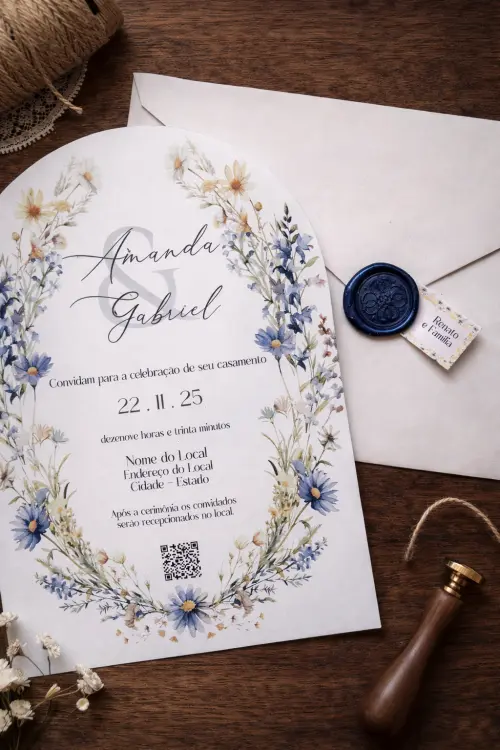 Convite de Casamento em Arco com Wildflowers Azuis com Envelope Forrado e Lacre de Cera
