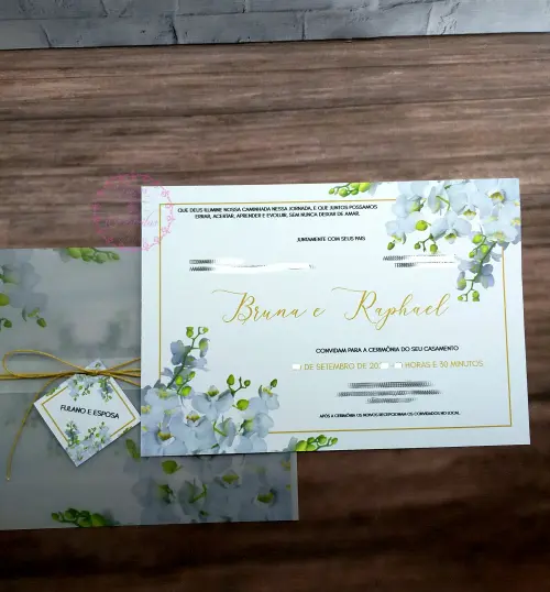 Convite de Casamento com Papel Vegetal e Orquídeas Branca
