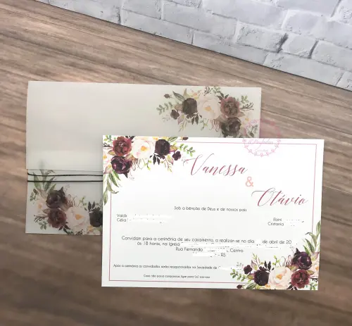 Convite Casamento Papel Vegetal e Flores Marsala