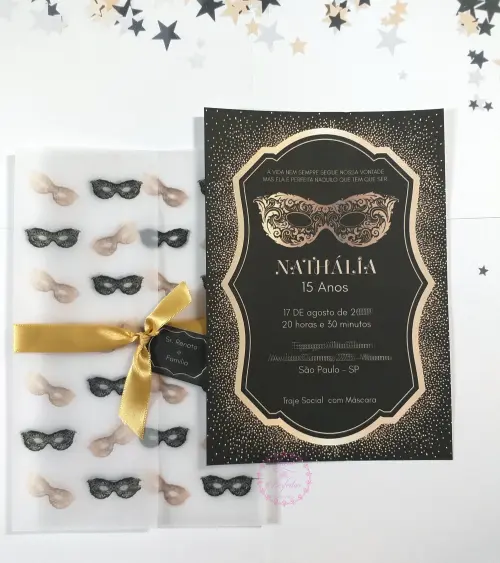 Convite 15 Anos Baile De Máscaras Preto E Dourado Luxo