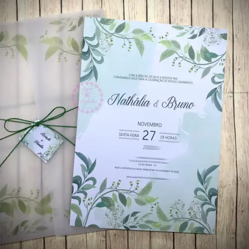 Convite de Casamento Papel Vegetal Folhagens