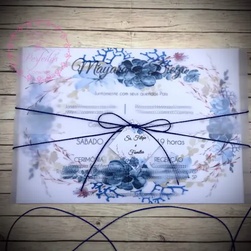 Convite de Casamento com Papel Vegetal e Floral Azul