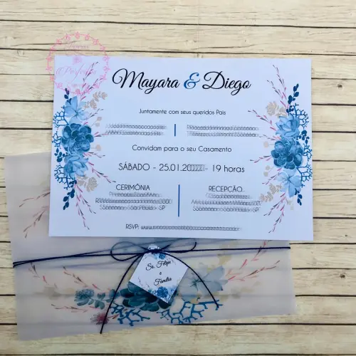 Convite de Casamento com Papel Vegetal e Floral Azul