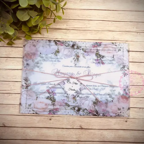 Convite de Casamento Papel Vegetal Floral Rose